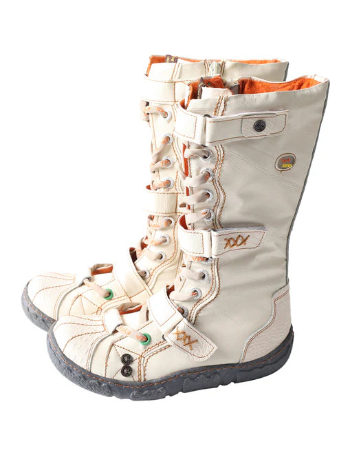 Bottes plates en cuir PU lavé pour femmes avec grande taille