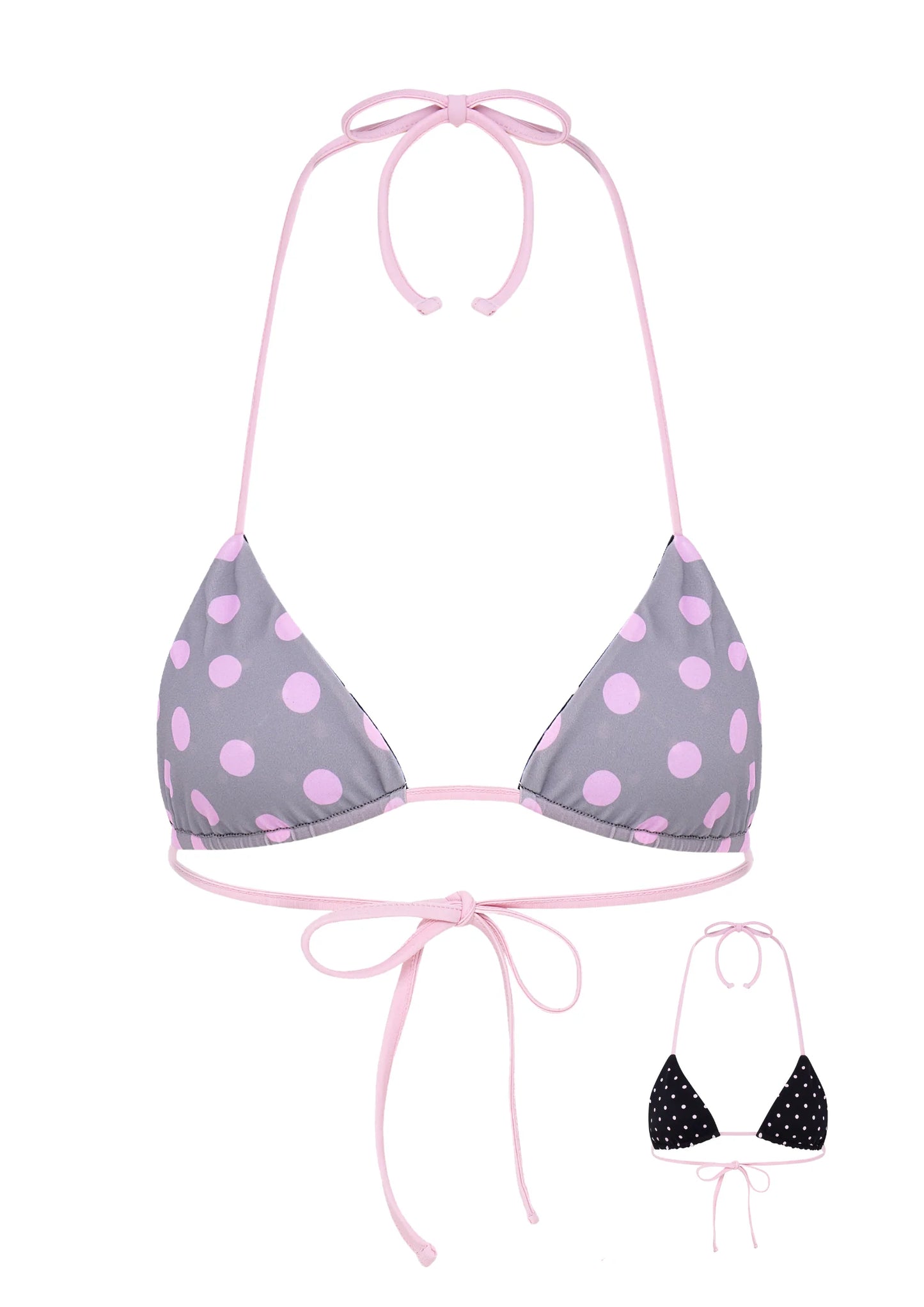 HAUT DE BIKINI À POLKA TRIANGLE EN GRIS INVERSÉ, NOIR ET ROSE