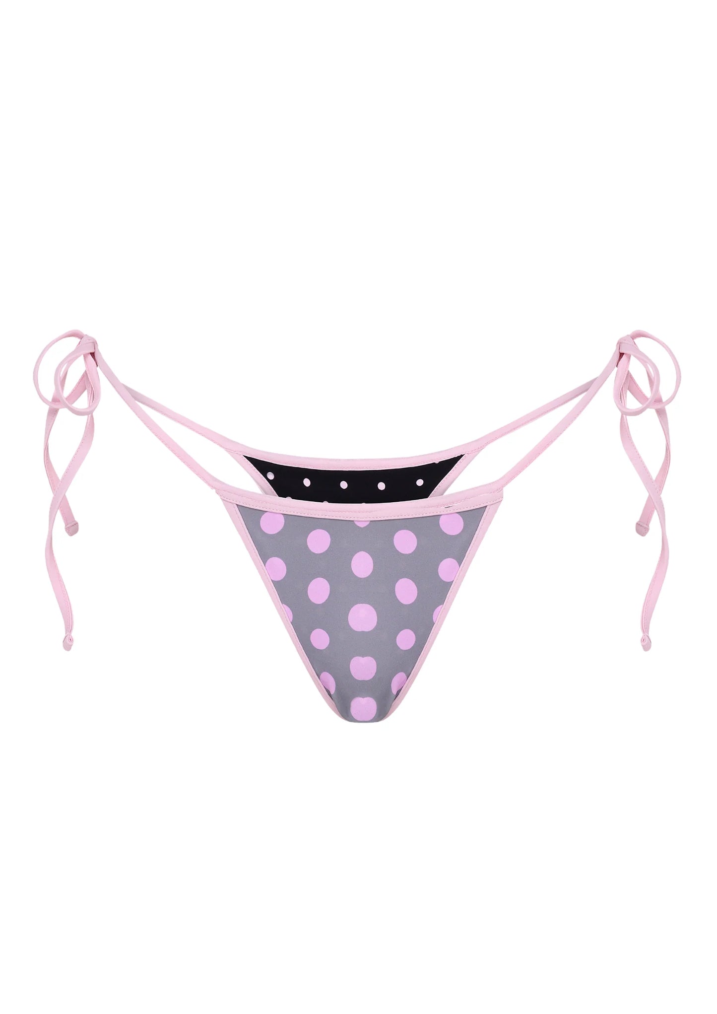 String de bikini triangle à pois en gris inversé, noir et rose
