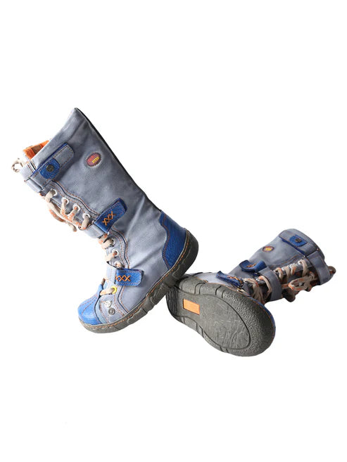 Bottes plates en cuir PU délavé à lanières pour femmes TMA EYES avec grande taille