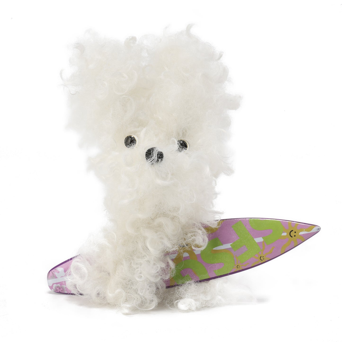 Chiot blanc griffonné SFSG tenant une planche de surf