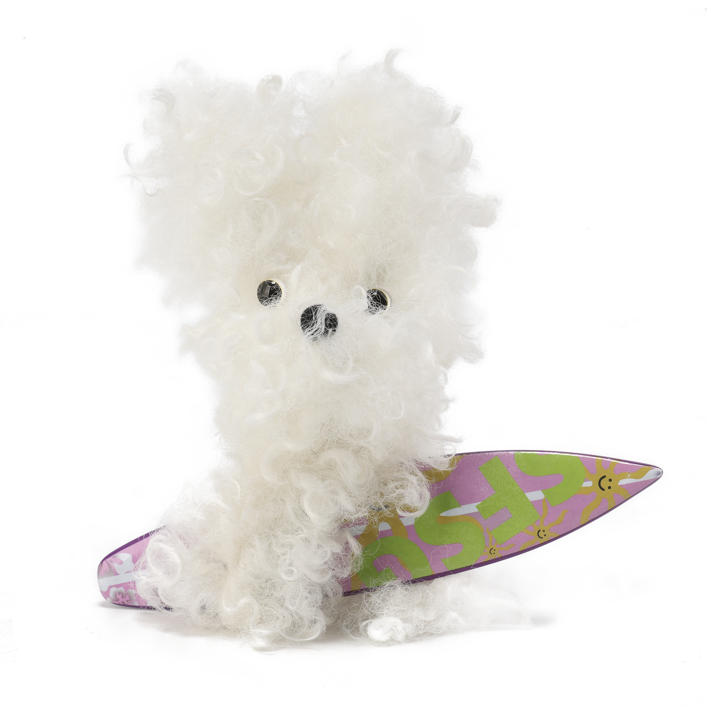 Chiot blanc griffonné SFSG tenant une planche de surf