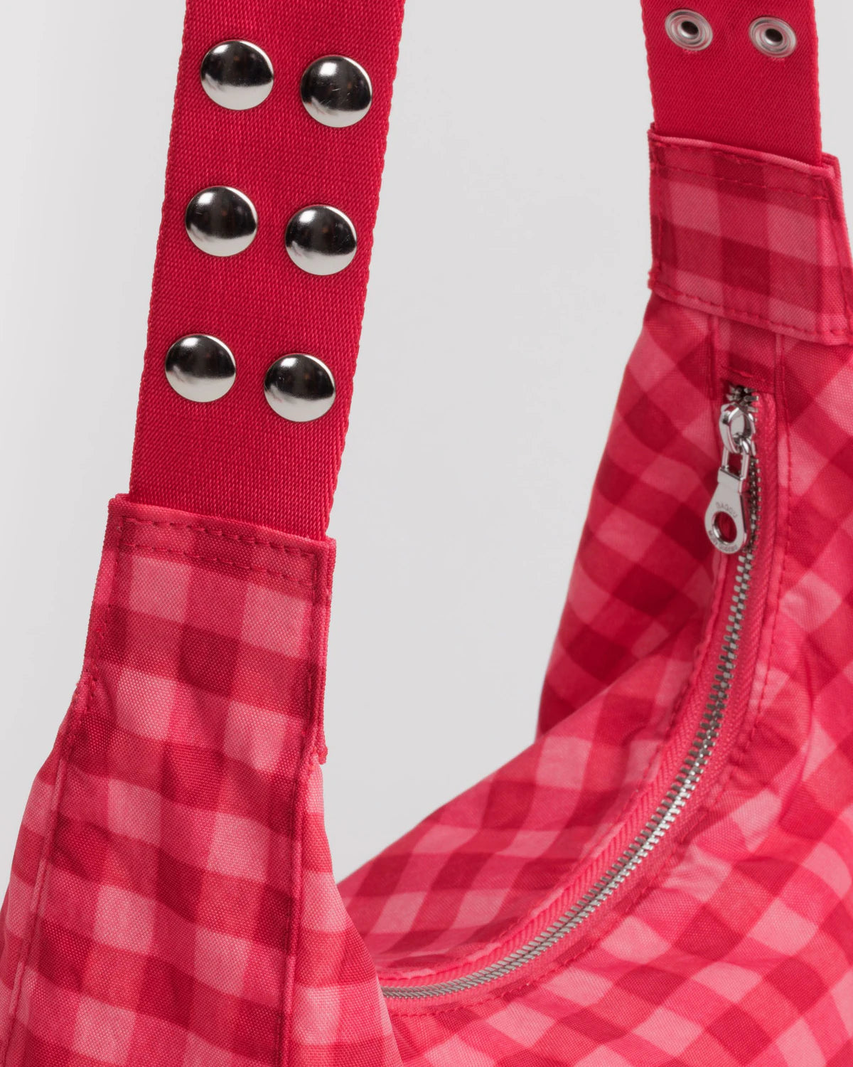 Popper Strap Medium Nylon Crescent Bag Ruby Gingham