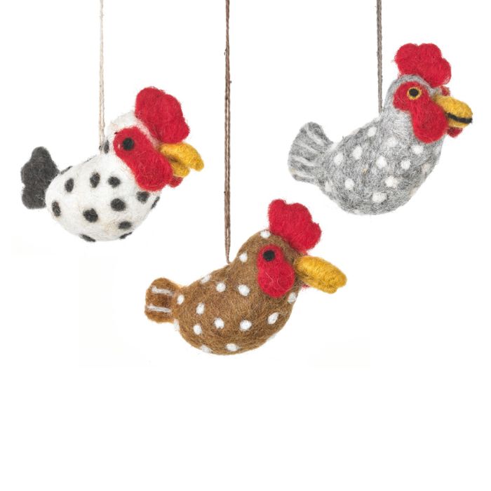 Handmade Needle Felt Farmhouse Chickens Set of 3 Hanging Decorations