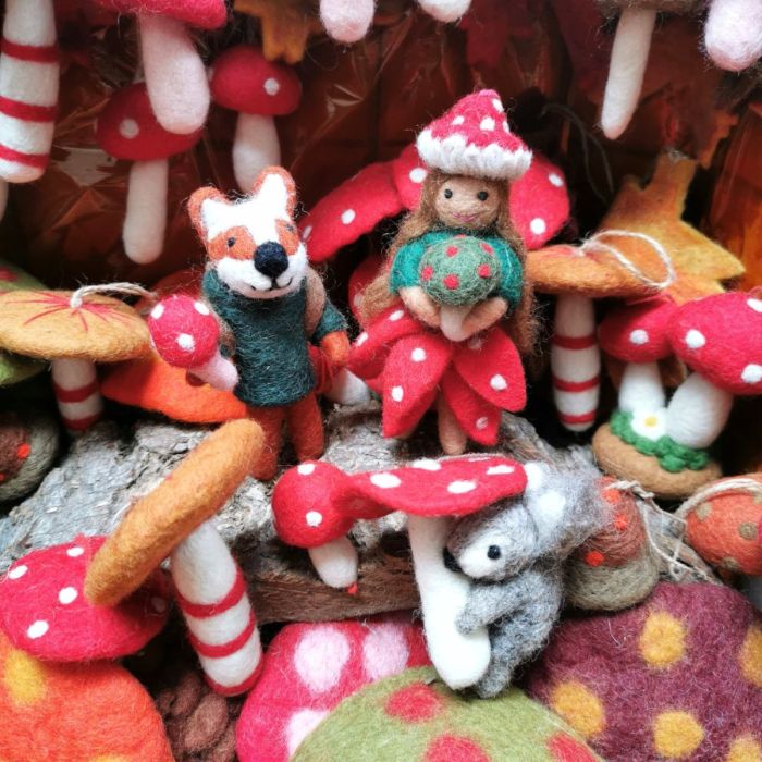 Handmade Felt Toadstool Squirrel Hanging Woodland Decoration
