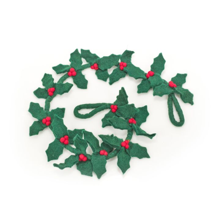 Guirlande de houx biodégradable en feutre fait main pour décoration de Noël