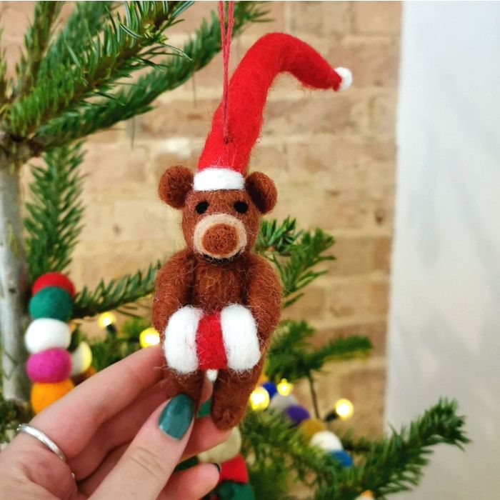 Handmade Felt Lil Santa Bear Hanging Christmas Decoration