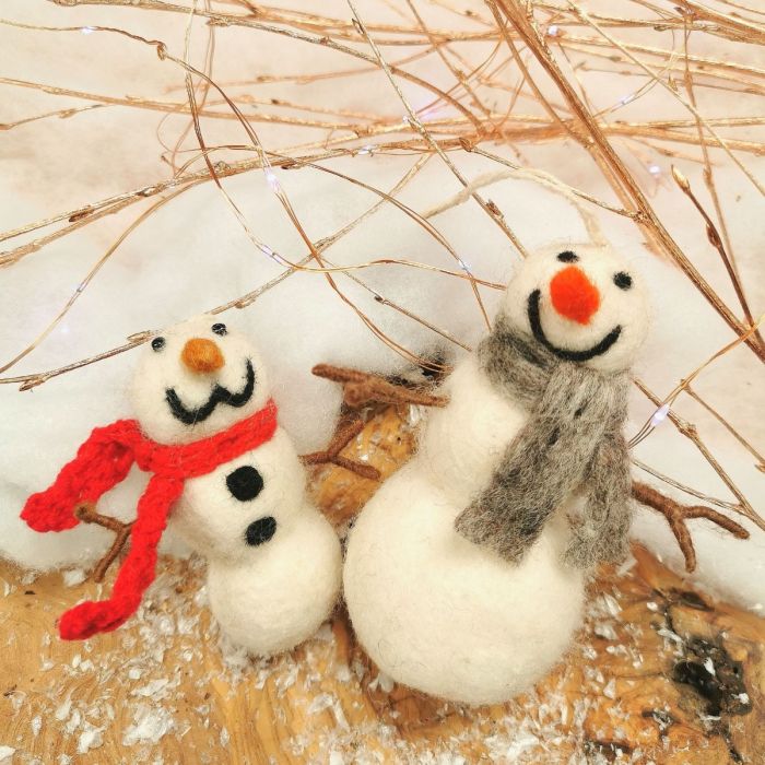 Handmade Felt Snowman with Knitted Scarf Biodegradable Hanging Decoration