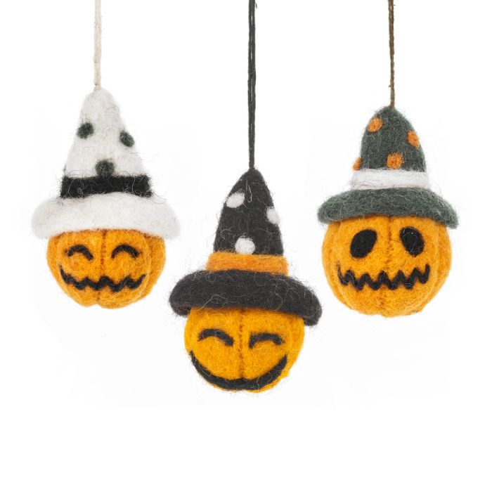 Trio de boules de citrouille en feutre faites à la main, décorations d'Halloween à suspendre
