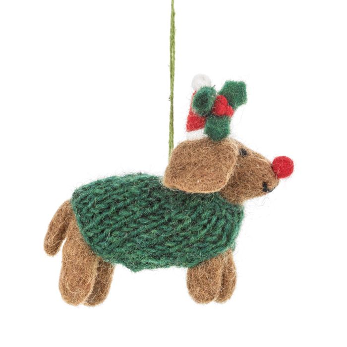 Décoration de Noël à suspendre en feutre fait à la main en forme de chien teckel Rudolph