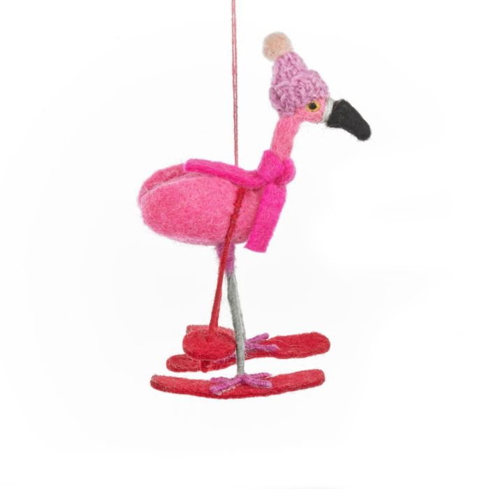 Handmade Felt Skiing Flamingo Hanging Christmas Tree Decoration