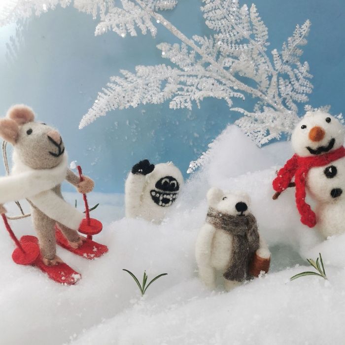 Handmade Felt Snowman with Knitted Scarf Biodegradable Hanging Decoration