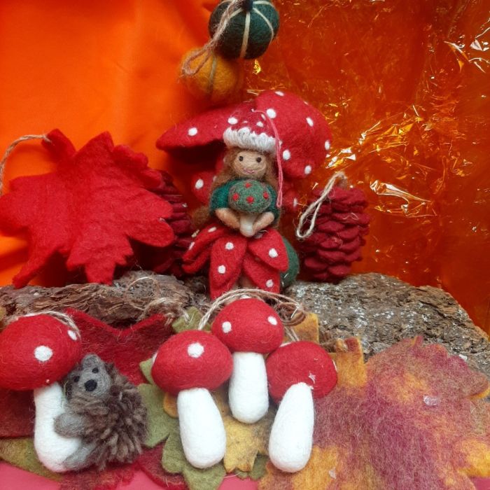 Handmade Felt Hanging Toadstools Set of 3 Autumnal Woodland Decorations