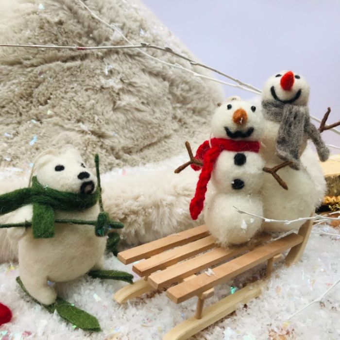 Handmade Felt Snowman with Knitted Scarf Biodegradable Hanging Decoration