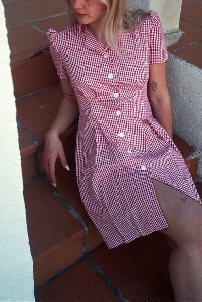 MARIA red gingham cotton pleated butonned flared dress with shirt collar