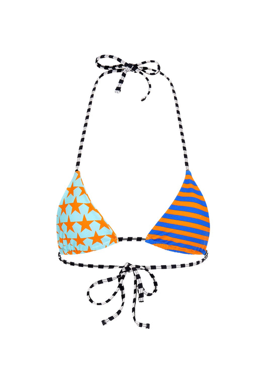 ALL STARS TRIANGLE BIKINI TOP IN BLUES & ORANGES