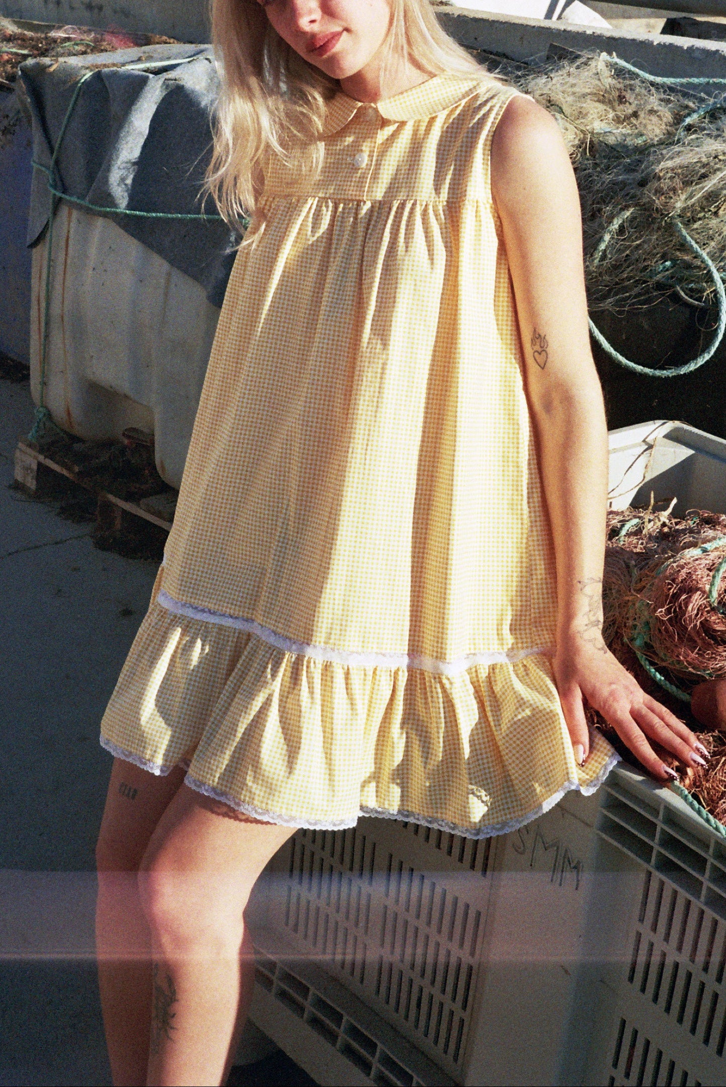 HELENA yellow gingham cotton oversize dress with Calais lace