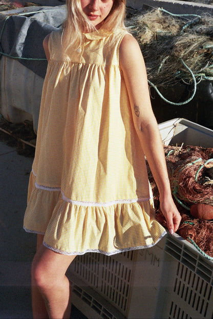HELENA yellow gingham cotton oversize dress with Calais lace
