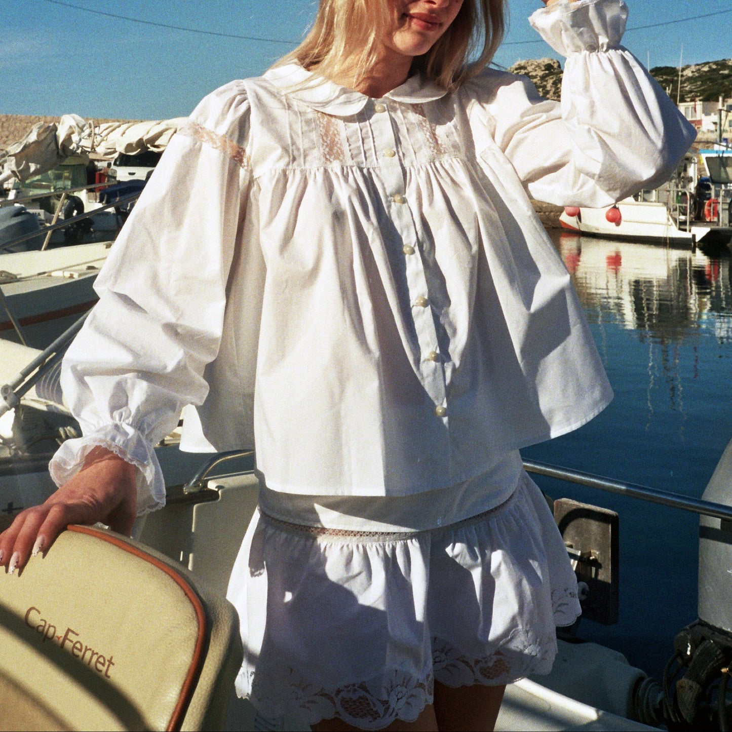 BERNADETTE white cotton blouse shirt with Calais floral lace