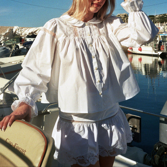 BERNADETTE white cotton blouse shirt with Calais floral lace