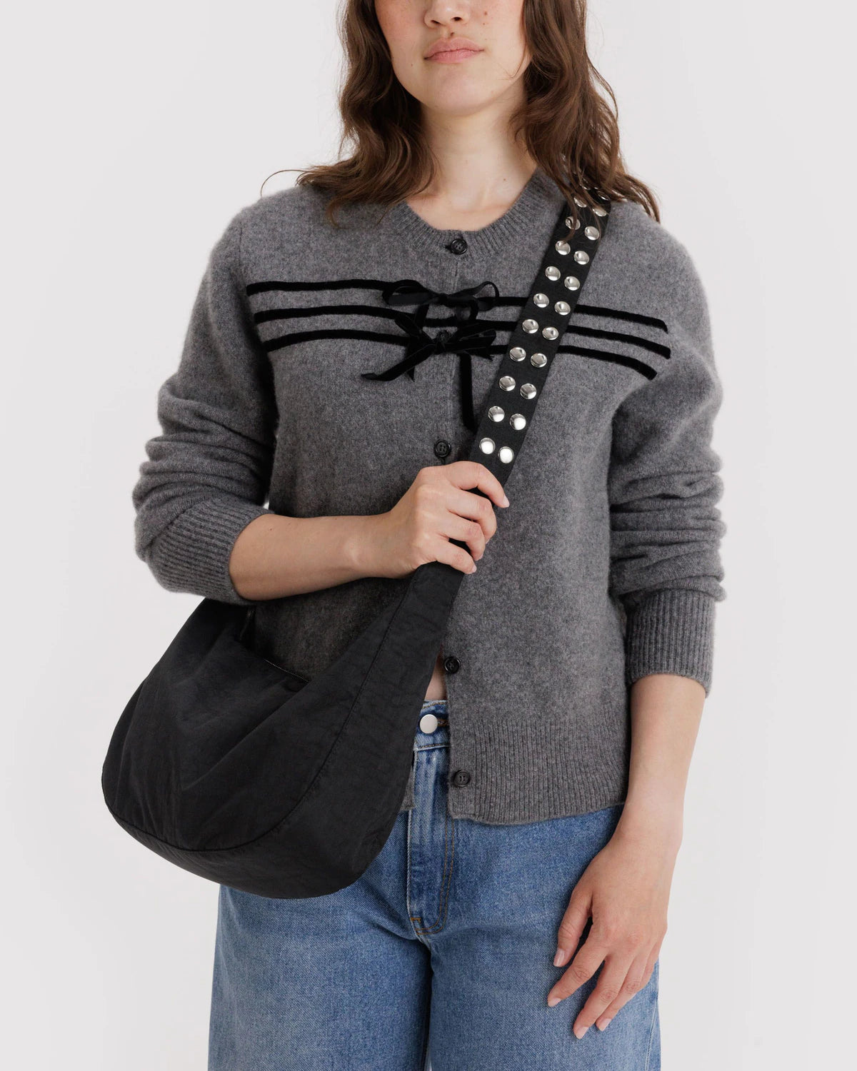 Popper Strap Medium Nylon Crescent Bag  Black