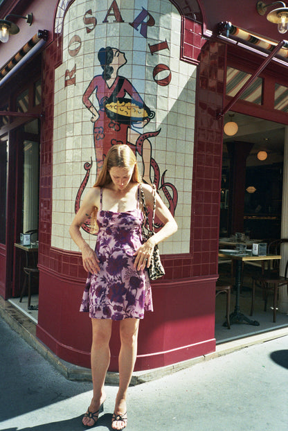 The CAITLIN 90’s spaghetti adjustable floral plum silk dress
