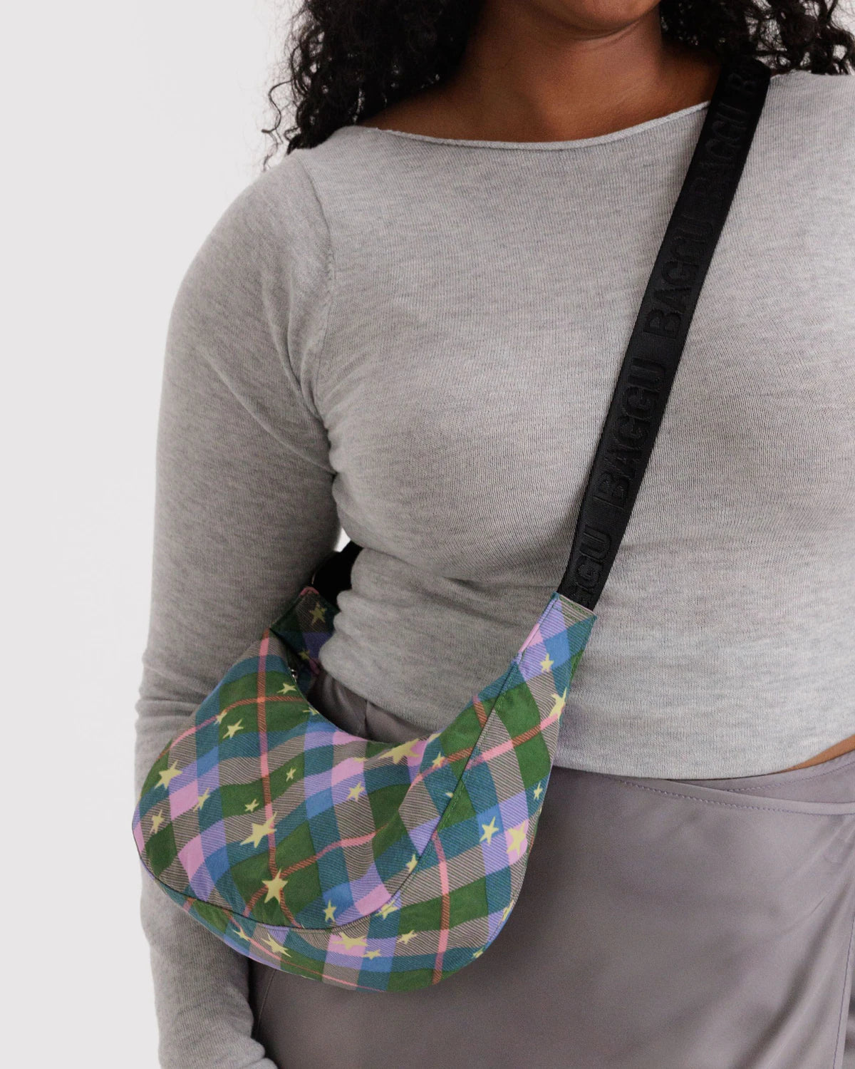 Small Nylon Crescent Bag Green Star Plaid