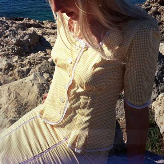 ANGELA yellow gingham pleated Calais lace blouse