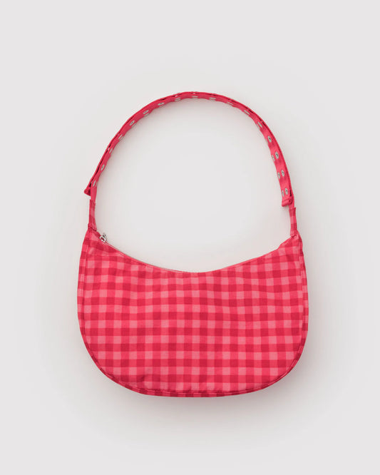 Popper Strap Medium Nylon Crescent Bag Ruby Gingham