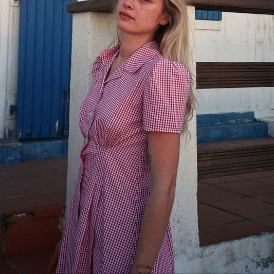 MARIA red gingham cotton pleated butonned flared dress with shirt collar