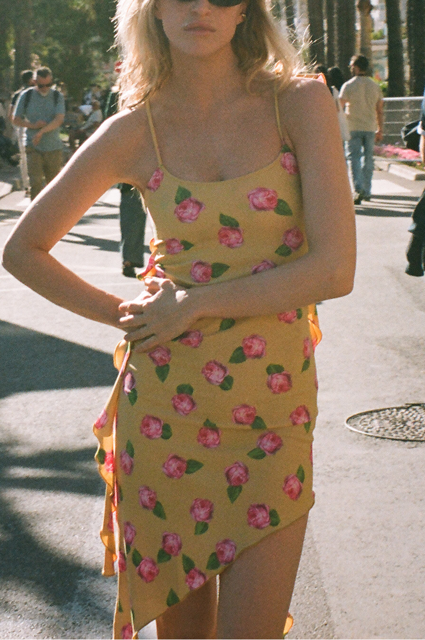Amanda asymmetric yellow pink roses flowers pattern dress