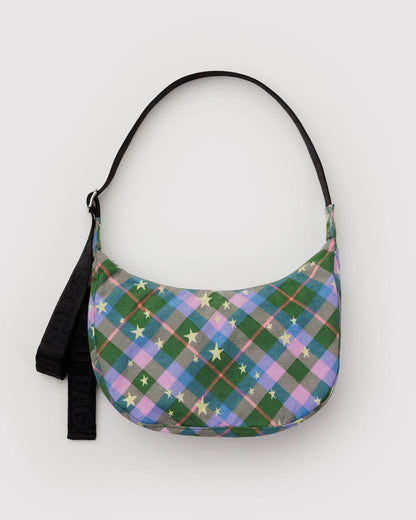 Medium Nylon Crescent Bag Green Star Plaid