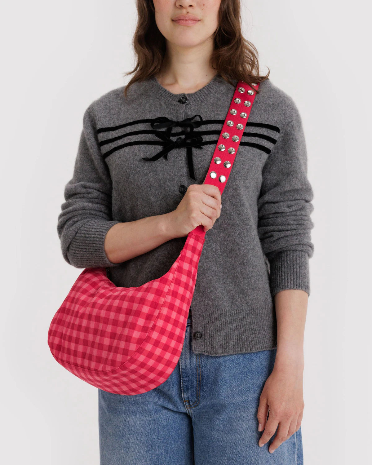 Popper Strap Medium Nylon Crescent Bag Ruby Gingham