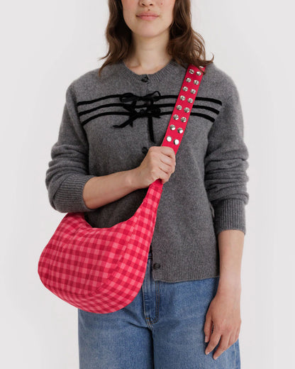 Popper Strap Medium Nylon Crescent Bag Ruby Gingham