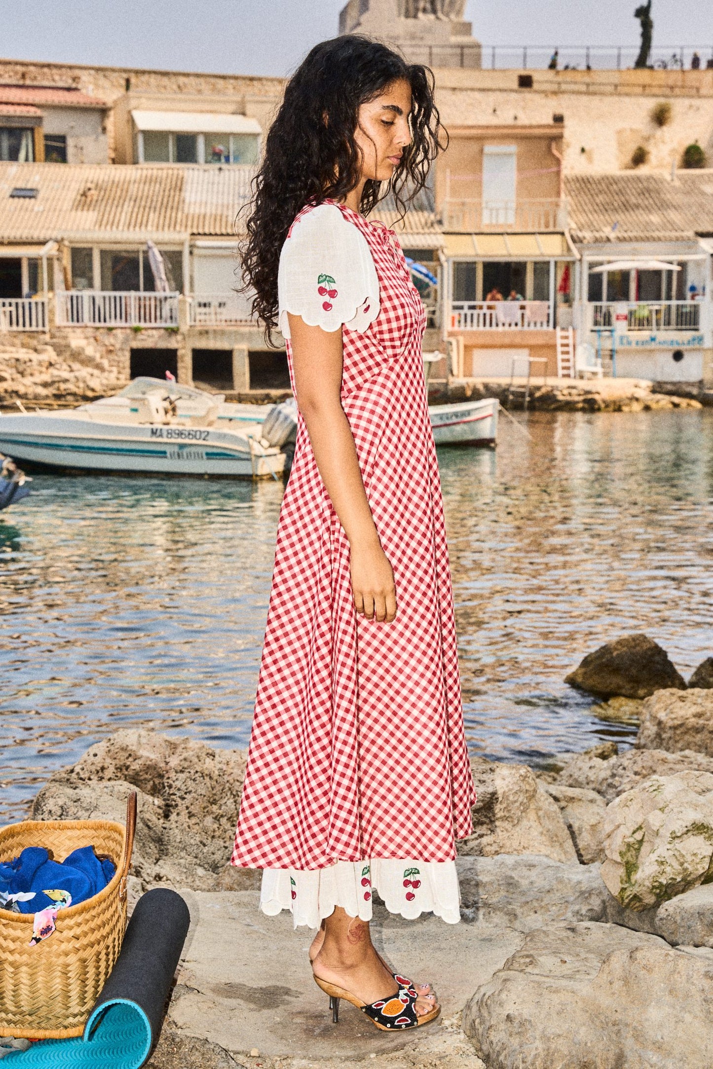 LA GÂTÉE – Morane red checked cotton long dress with cherries embroideries