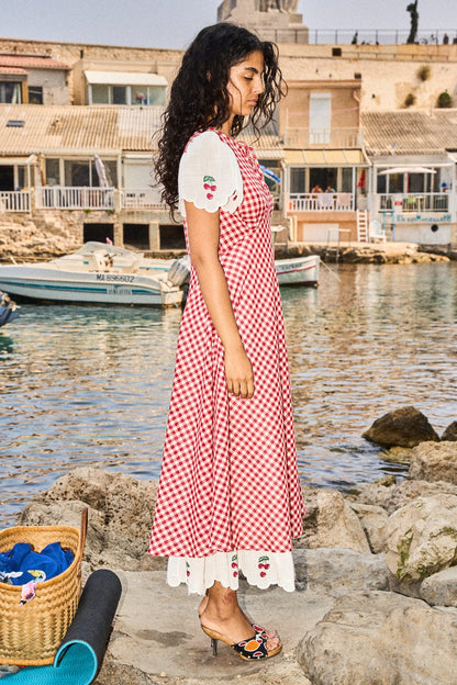 LA GÂTÉE – Morane red checked cotton long dress with cherries embroideries