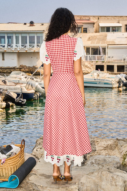 LA GÂTÉE – Morane red checked cotton long dress with cherries embroideries