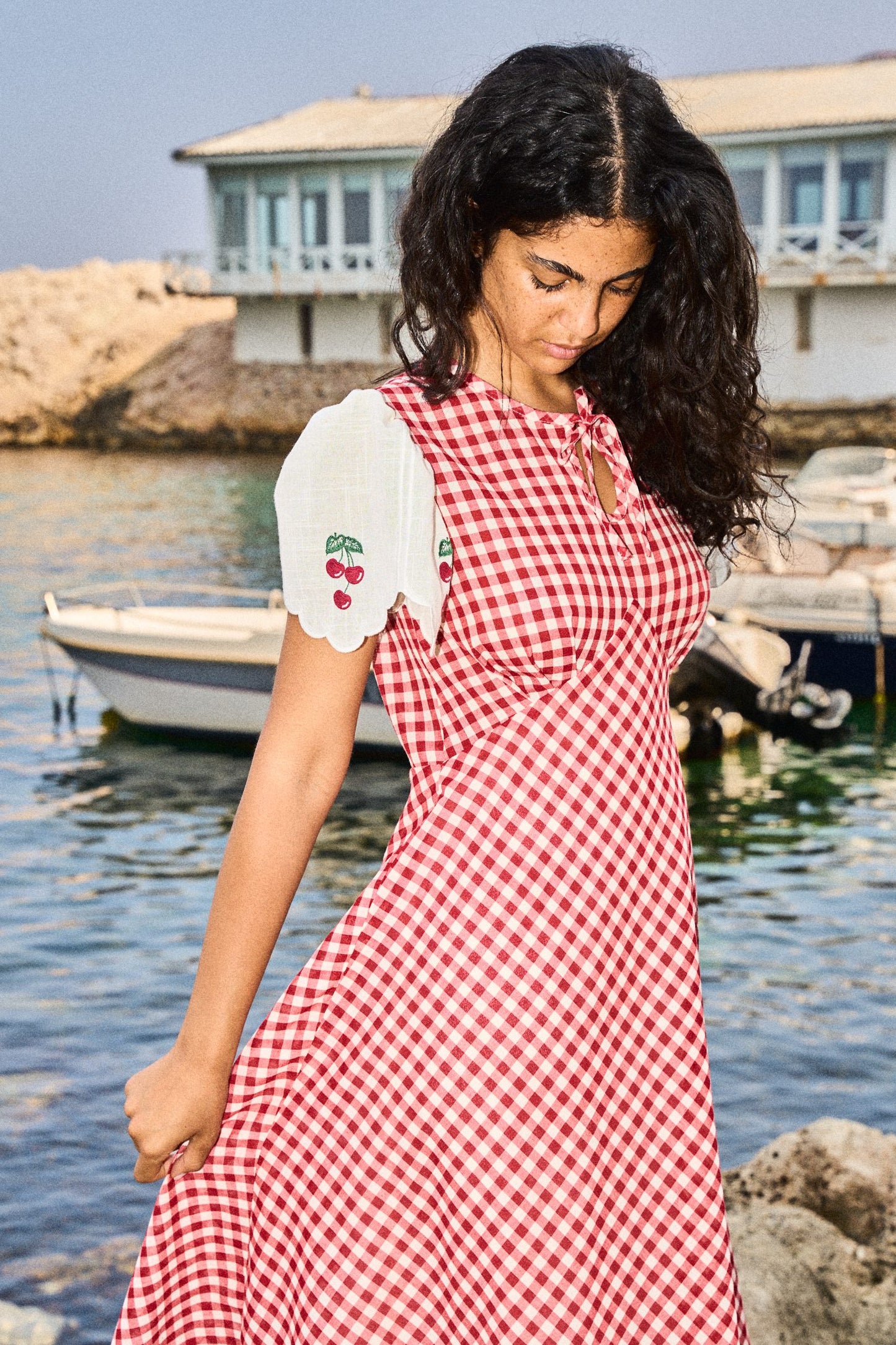 LA GÂTÉE – Morane red checked cotton long dress with cherries embroideries