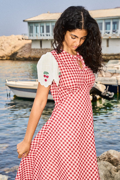 LA GÂTÉE – Morane red checked cotton long dress with cherries embroideries