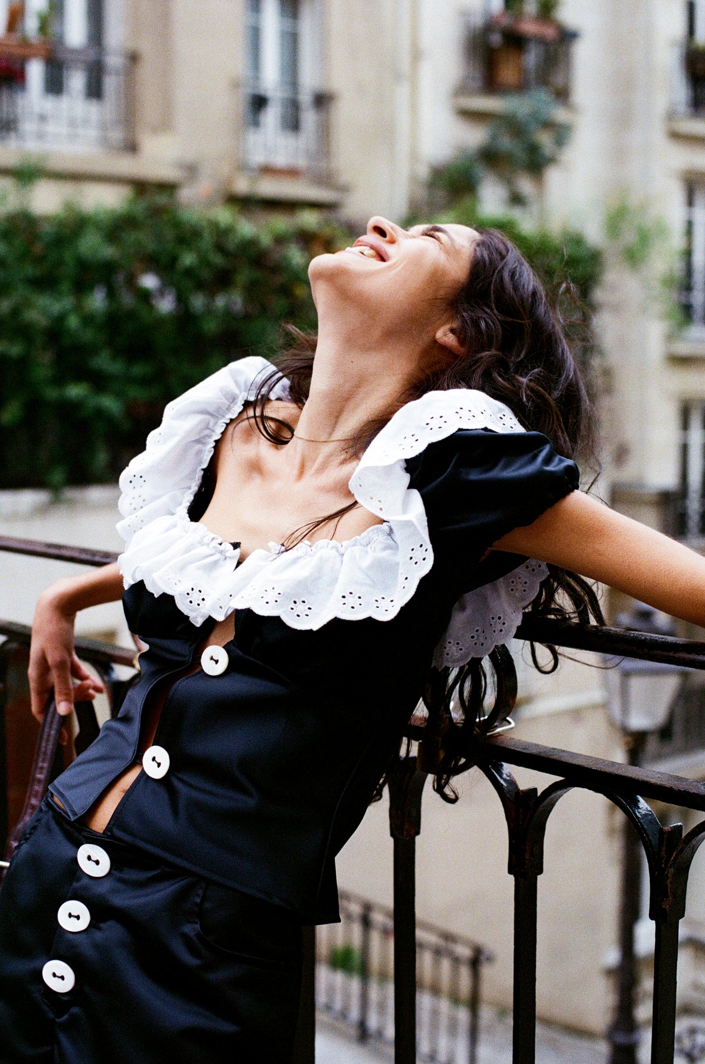 Black duchesse silk embroidered Julia blouse with Mother-of-Pearl buttons