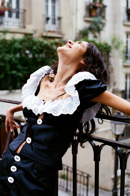 Black duchesse silk embroidered Julia blouse with Mother-of-Pearl buttons