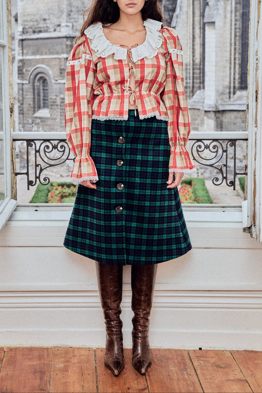LA GARNOULE – Checked red and light brown cotton blouse with English embroideries