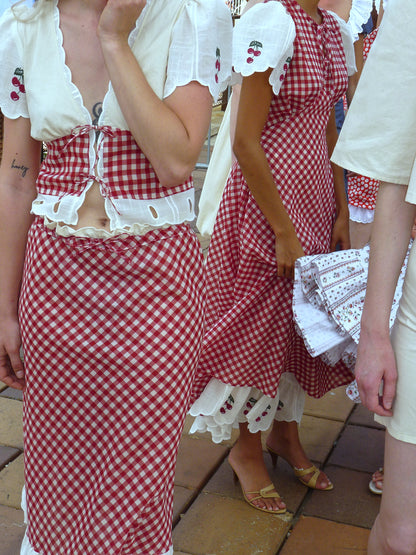 LA GÂTÉE – Morane red checked cotton long dress with cherries embroideries