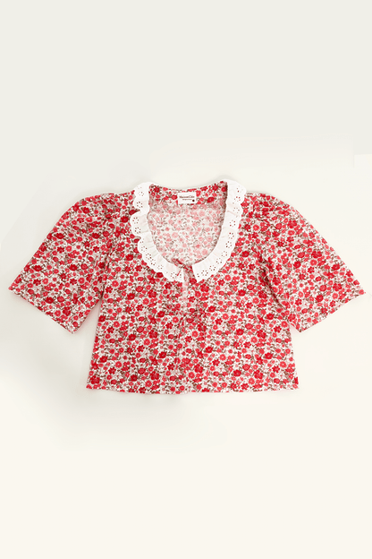 AGNES red roses flowers cotton blouse with embroideries