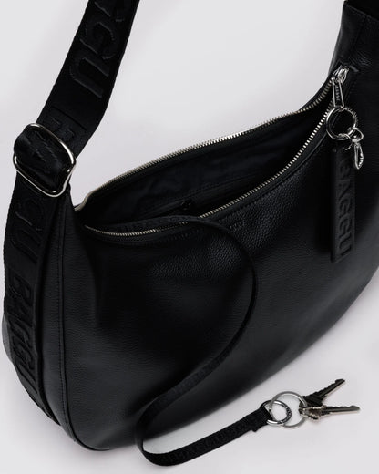 Medium Recycled Leather Crescent Bag Black