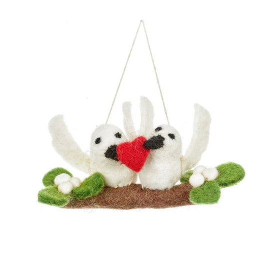 Handmade Felt Mistletoe Kiss Doves Hanging Christmas Decoration