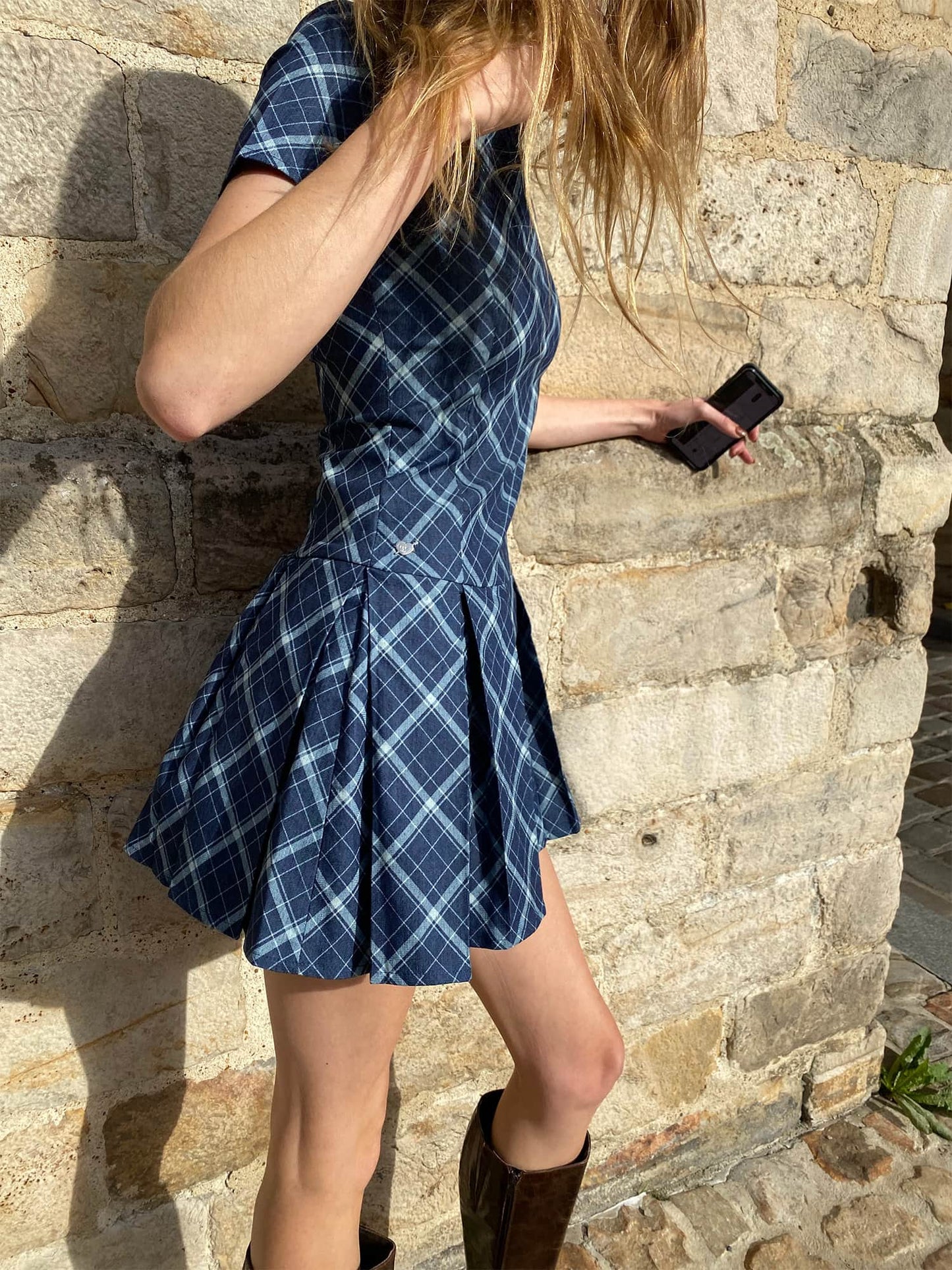 ELENA light denim checked blue pleated short sleeves dress