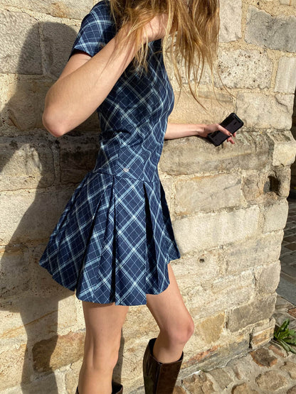 ELENA light denim checked blue pleated short sleeves dress