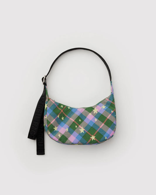 Small Nylon Crescent Bag Green Star Plaid