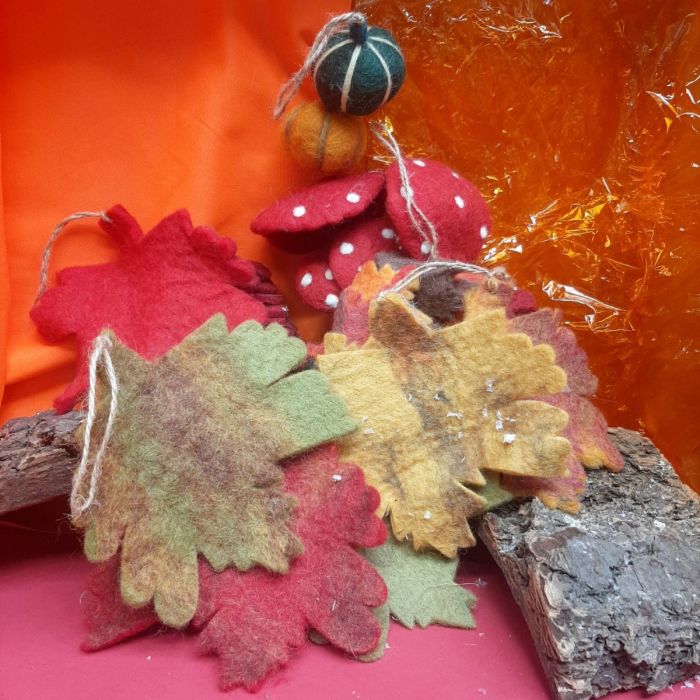 Handmade Felt Fair trade Autumnal Leaves (Set of 5) Hanging Decorations